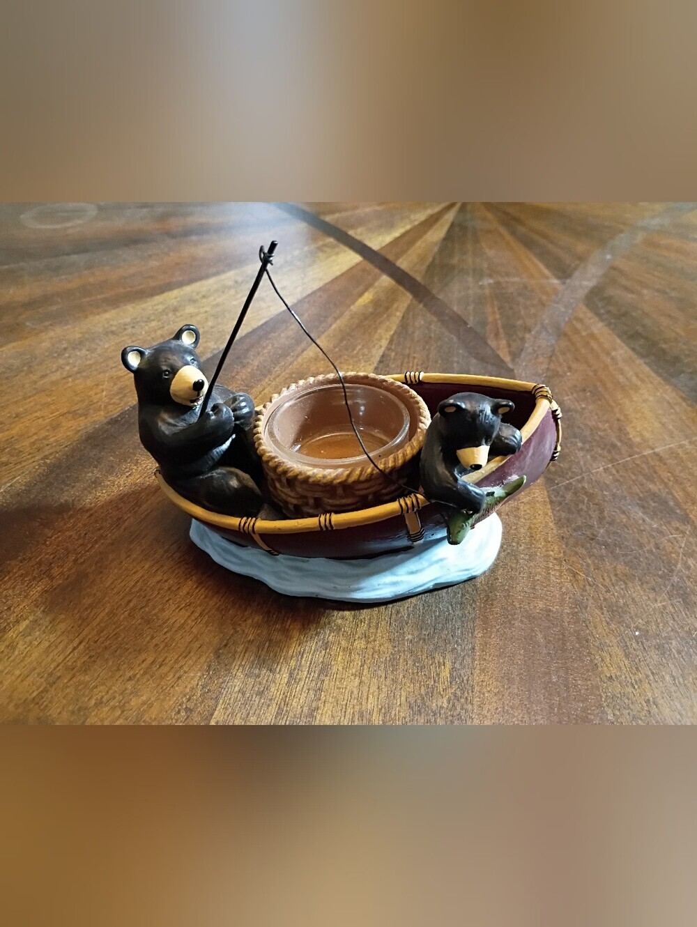 Bear Fishing Canoe Tea Light Candle Holder Cabin Lodge Decor Resin Black Bears